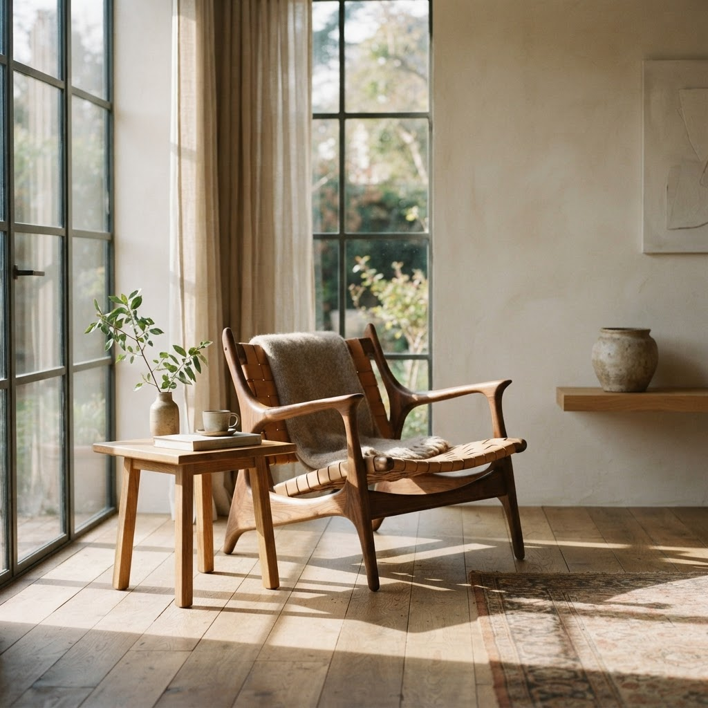 A sunlit room furnished with handcrafted solid wood furniture